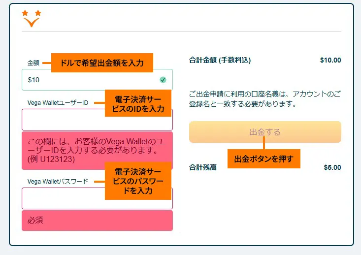 ベラジョン　出金　電子決済入力画面